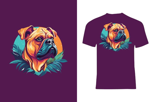 Kleurrijke Bulldog met tropische gebladerte achtergrond in Vector stijl TShirt Design