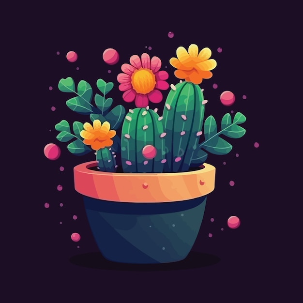 Kleurrijke cactusplanten met bloemen in potten vectorillustratie geïsoleerd op donkere achtergrond