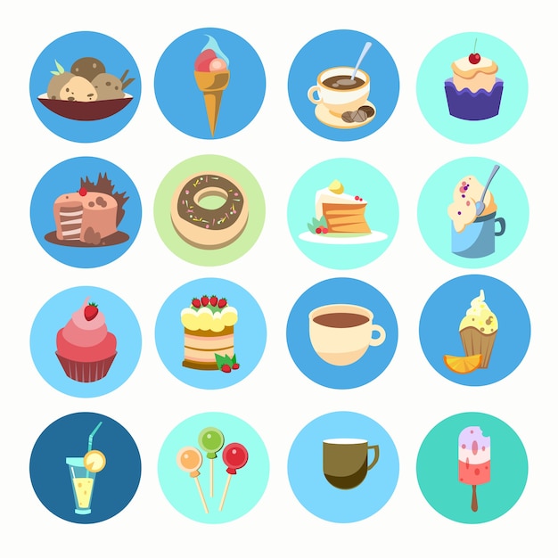 Kleurrijke cake collectie zoete dessert eten icon set