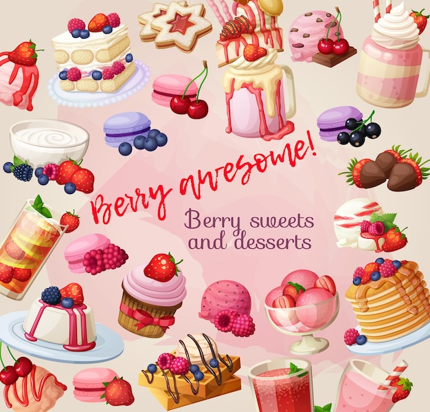 Kleurrijke cartoon berry dessert achtergrond Snoep collectie vector set