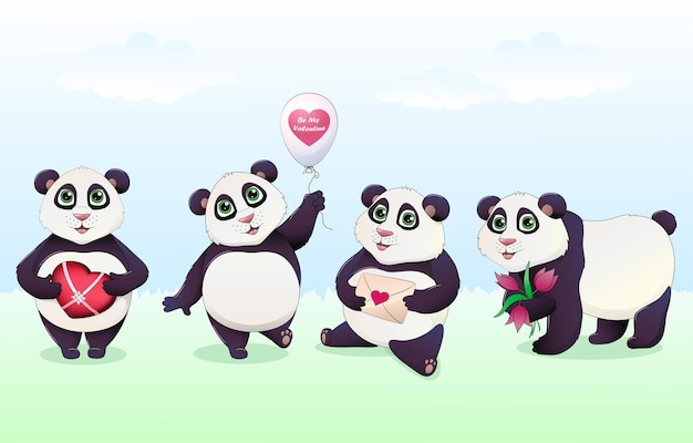 Kleurrijke cartoon panda met verschillende liefdesgeschenken