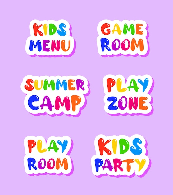 Vector kleurrijke cartoonstickers voor de speelkamer van de kinderen spelzonelabel kindermenu zomerkamp kinderfeest