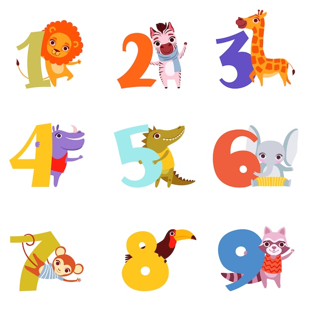 Kleurrijke cijfers van 1 tot 9 en dieren.