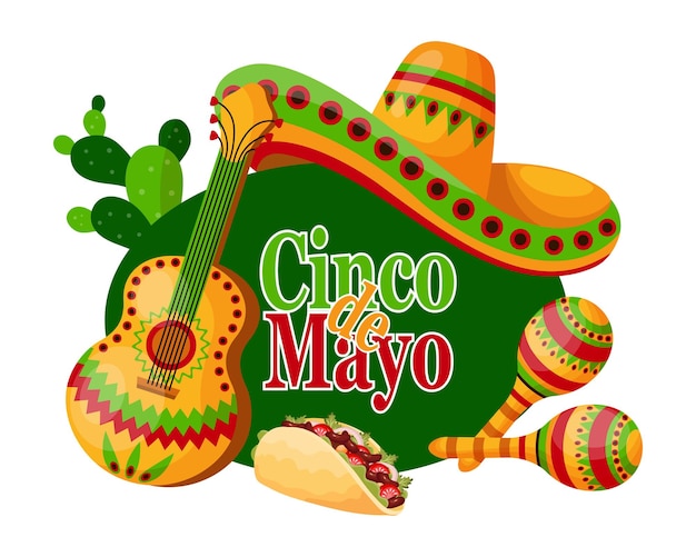 Kleurrijke Cinco de Mayo-banner met Mexico-symbolen, taco's, gitaar, sombrero en maracas. Illustratie