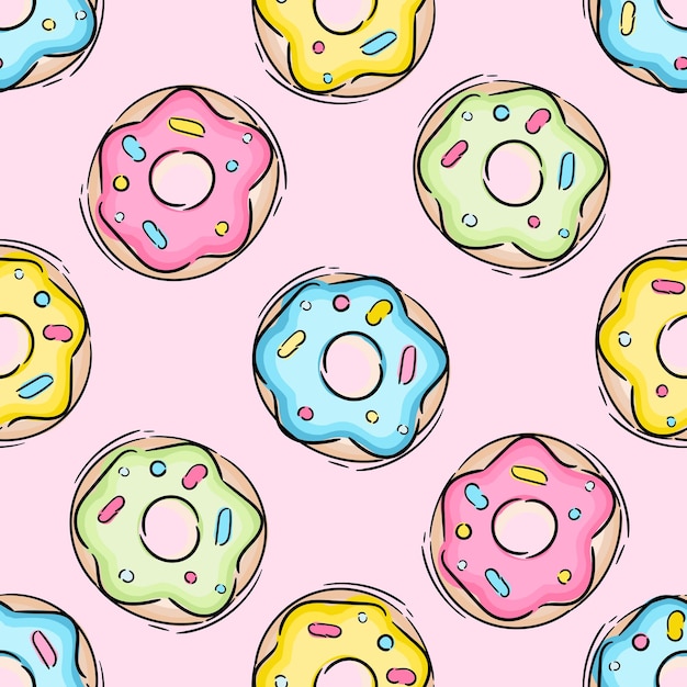 Vector kleurrijke donuts eindeloos naadloos patroon geïsoleerd op roze snoep achtergrond aquarel illustratie