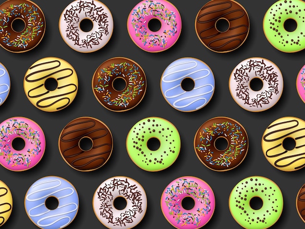 Kleurrijke donuts met glas op zwarte achtergrond Top view realistische stijl Vector illustratie