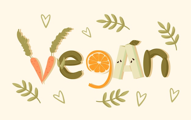 Vector kleurrijke eco-levensstijlbanner met veganistische lettering van fruit en groenten op licht