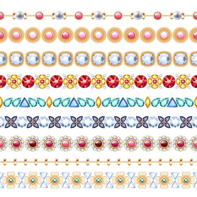 Kleurrijke edelstenen naadloze horizontale randen instellen. etnische indiase stijl. ketting armband ketting sieraden.