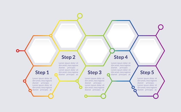 Kleurrijke educatieve infographic grafiek ontwerpsjabloon. Media informatie. Abstract vectorinfochart met lege exemplaarruimten. Instructiegrafiek met 5 stappenreeks. Visuele gegevenspresentatie