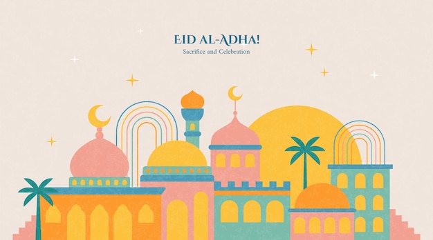 Kleurrijke Eid alAdha illustratie met gestileerde moskeeën halve maan en sterren modern ontwerp