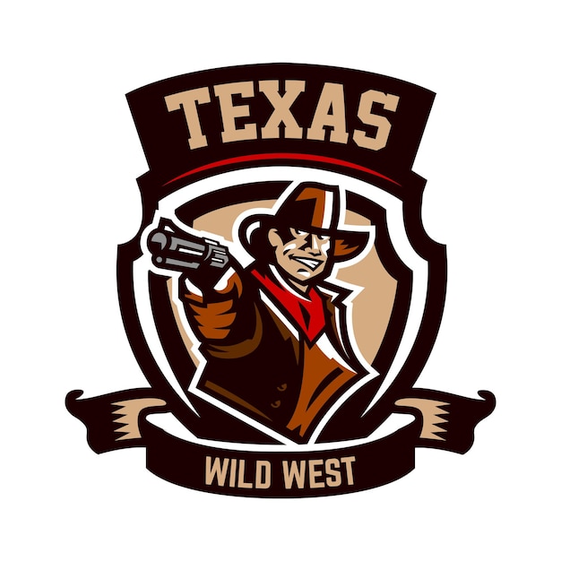 Kleurrijke embleem logo cowboy met een revolver Wild West een bandiet een dief een sheriff een vuurgevecht Vectorillustratie