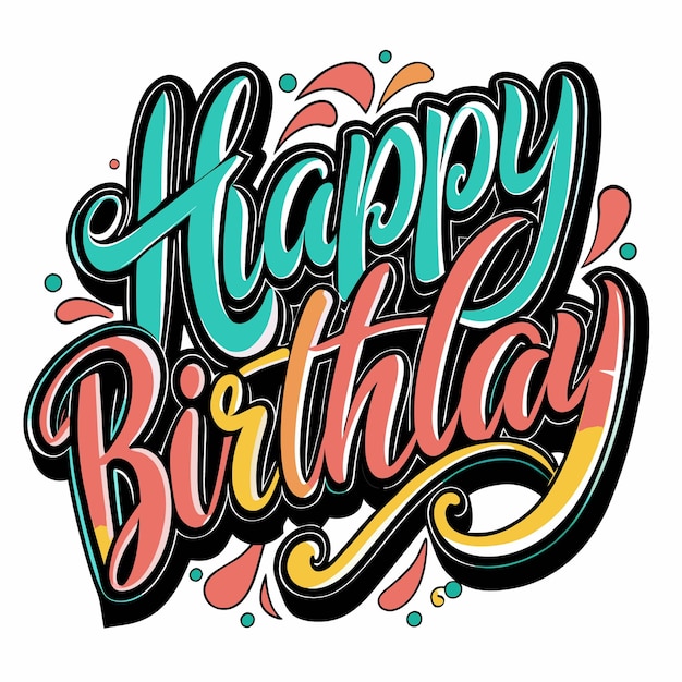 Kleurrijke en leuke "Happy Birthday" letters in een met de hand getekende stijl met wervelingen en spetteringen