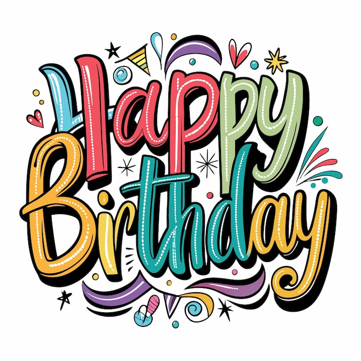 Vector kleurrijke en speelse happy birthday-letters met decoratieve elementen