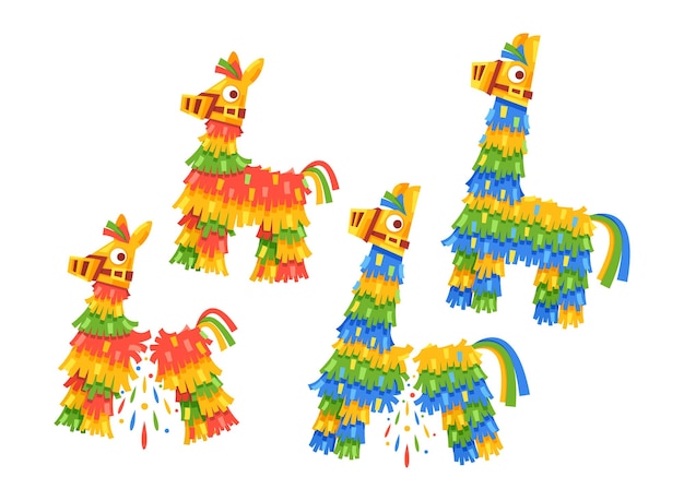 Vector kleurrijke feestelijke ezel- en lama-pinata's traditionele feestversieringen gevuld met snoep en lekkernijen deelnemers proberen om de beurt ze open te breken met een stok terwijl ze geblinddoekt zijn vector