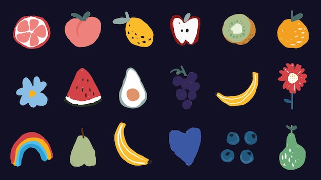 Kleurrijke fruit- en bloemeniconen op een donkere achtergrond Inclusief appel, banaan, peer en meer Levendige fruit- en blomillustraties voor ontwerpgebruik Voedselillustraties geïsoleerde vectorelementenset