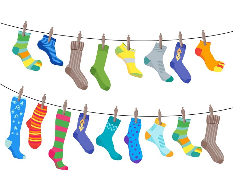 Vector kleurrijke fun sokken set hang on the rope voor mannen en vrouwen. platte ontwerpstijl. vector illustratie