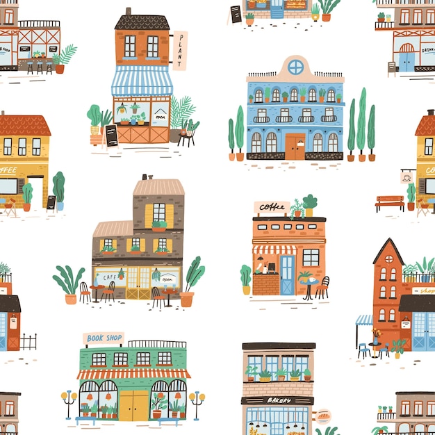 Kleurrijke gebouwen exterieur naadloze patroon. Handgetekende winkels, winkels, café, restaurant, bakkerij, koffiehuis met planten en stoep platte vectorillustratie. Kinderachtige stedelijke wallpaper achtergrond.