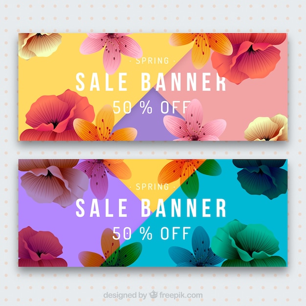 Vector kleurrijke gedetailleerde lente verkoop banners