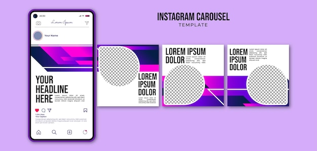 Vector kleurrijke geometrische achtergrond instagram carrousel sjabloon met smartphone