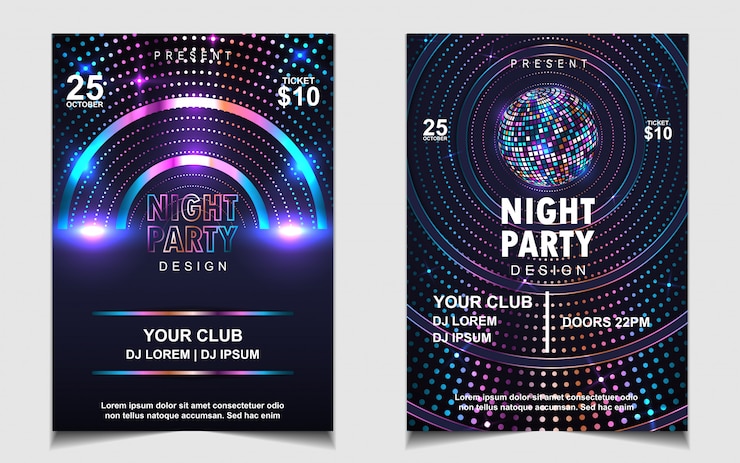 Vector kleurrijke glitters nacht dans partij muziek flyer of posterontwerp