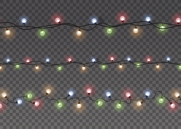 Kleurrijke gloed lichte lamp op draadstrings geïsoleerde transparante achtergrond. Slingers decoraties. lichten geïsoleerd realistische ontwerpelementen.