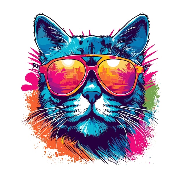 kleurrijke grafische t-shirtvector van een leuke gelukkige kattenillustratieontwerp Vector