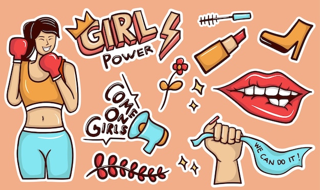 Kleurrijke hand getrokken girl power stickers collectie