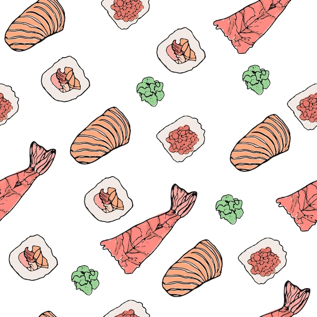 Kleurrijke hand getrokken sushi decorontwerp. Naadloos patroon. Aziatische voedselcollectie. Vector