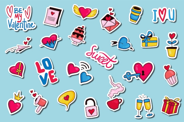 Kleurrijke hand getrokken valentijn stickercollectie