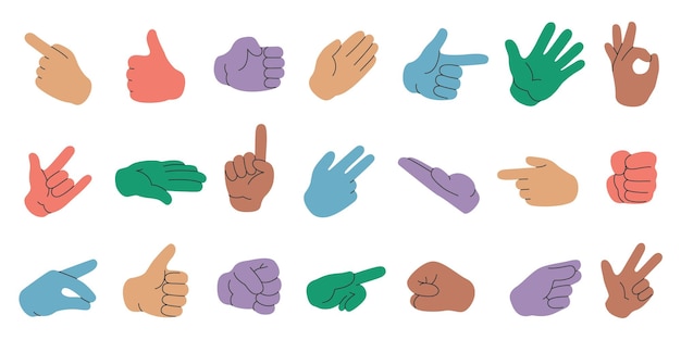 Kleurrijke handen collectie Menselijke arm en handgebaren mensen gebaren met vingers wijzen schudden vuist en handteken Vector platte set Lichaamstaal met verschillende communicatieve symbolen