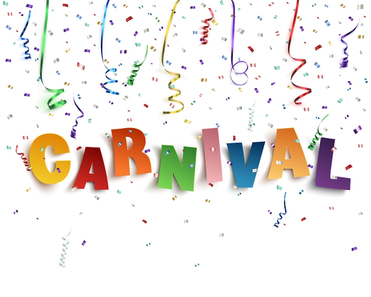 Vector kleurrijke handgemaakte typografische woord carnaval op achtergrond met linten en confetti op wit.