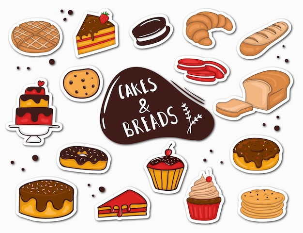 Kleurrijke Handgetekende Brood en Cake Stickers