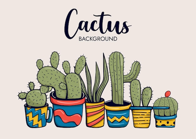 Kleurrijke handgetekende cactusachtergrond