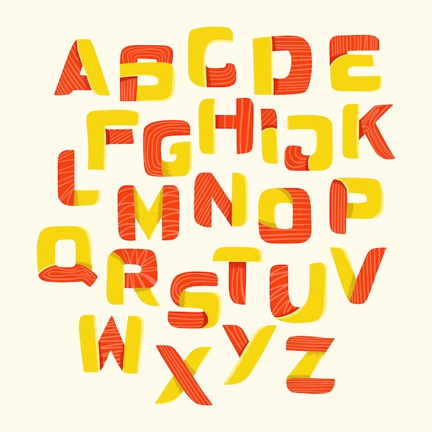 Kleurrijke Handgetekende Decoratieve Vector Engelse Alfabet voor Kinderen Leuke heldere lettertype voor kinderen Tweekleurige letters Rode en gele abc met zigzag en gebogen lijnen Pop-art voor titel kop poster