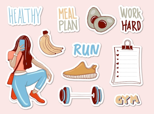 Kleurrijke handgetekende dieetthema stickers collectie