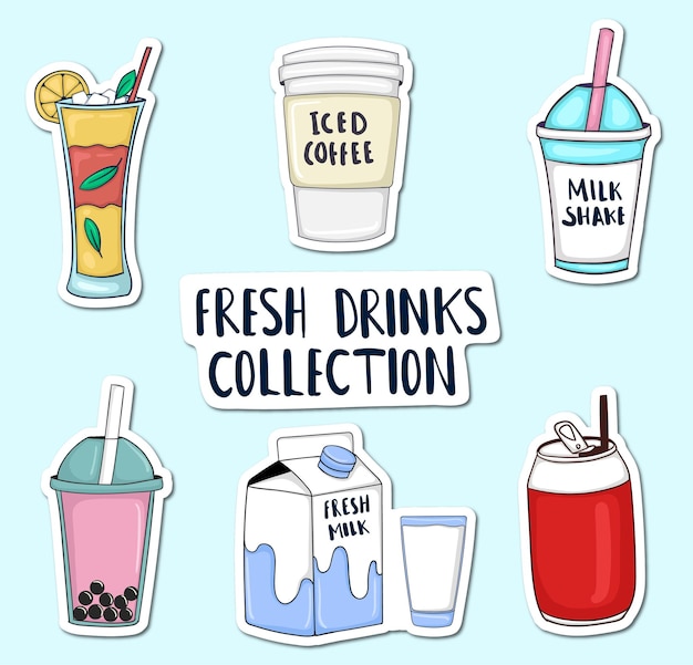 Kleurrijke handgetekende fresh drinks stickers-collectie