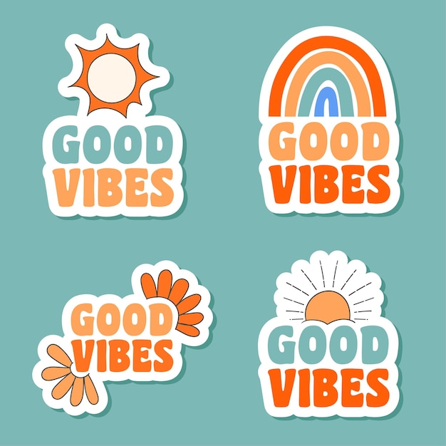 Kleurrijke handgetekende good vibes stickers-collectie