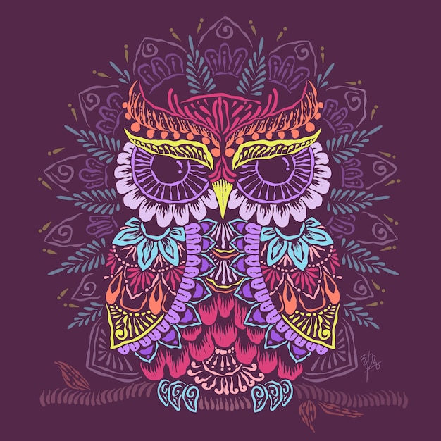 Kleurrijke handgetekende uil mandala-stijl Gratis Vector