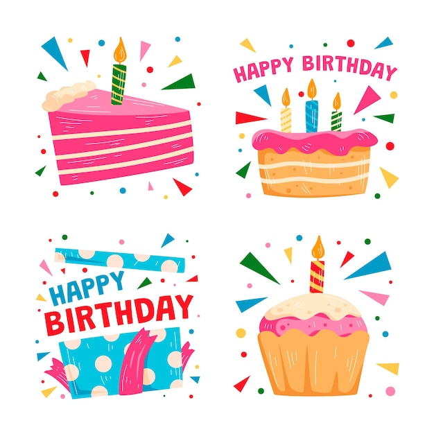 Kleurrijke handgetekende verjaardagsfeestje stickers collectie