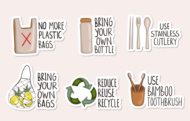 Vector kleurrijke handgetekende zero waste stickers-collectie