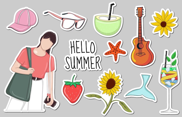 Kleurrijke handgetekende zomer element stickers collectie