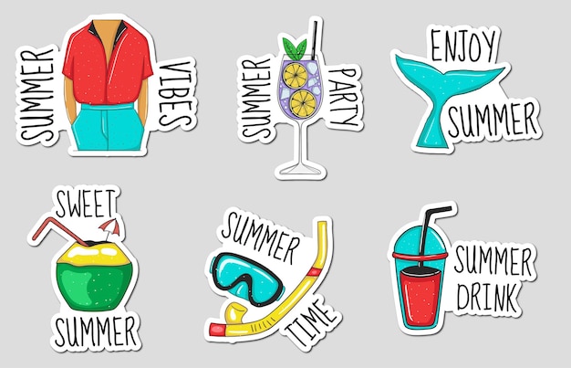 Kleurrijke handgetekende zomer element stickers collectie