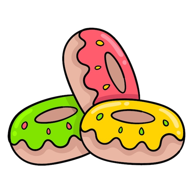 Kleurrijke heerlijke donuts met heerlijke zoete room doodle pictogramtekening