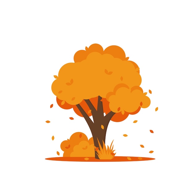 Vector kleurrijke herfst bomen cartoon geel oranje herfst boom en herfst tuin bush pictogram met herfst seizoen bladgoud voor stadspark en bos landschap achtergrond vector geïsoleerde symbool