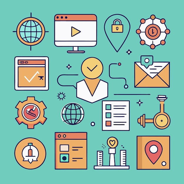Kleurrijke iconen die verschillende aspecten van zaken en technologie weergeven