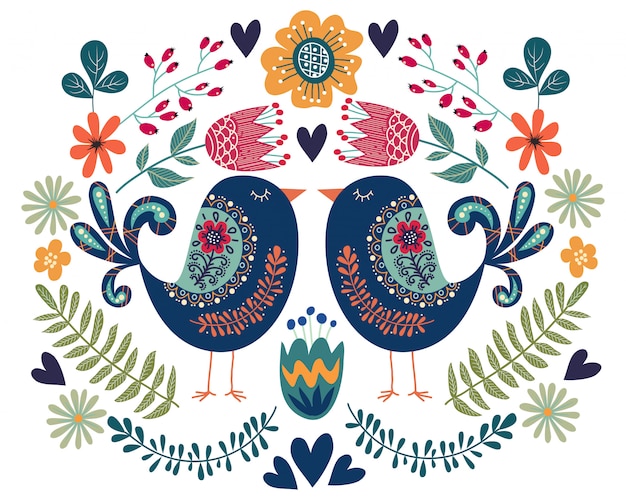 Vector kleurrijke illustratie met paar vogel, bloemen en folk design elementen