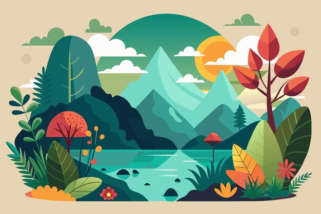 Vector kleurrijke illustratie serene natuurlijke landschap en schoonheid van de buitenlucht