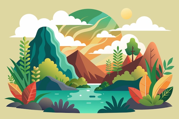 Vector kleurrijke illustratie serene natuurlijke landschap en schoonheid van de buitenlucht