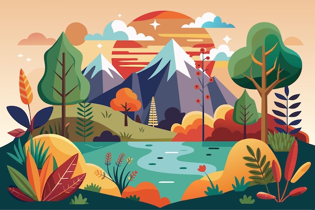 Vector kleurrijke illustratie serene natuurlijke landschap en schoonheid van de buitenlucht