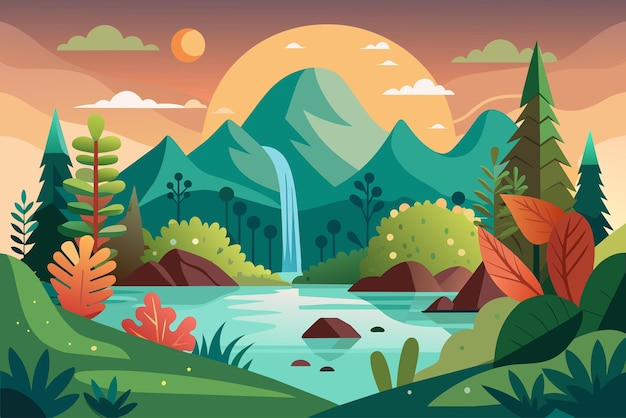 Vector kleurrijke illustratie serene natuurlijke landschap en schoonheid van de buitenlucht